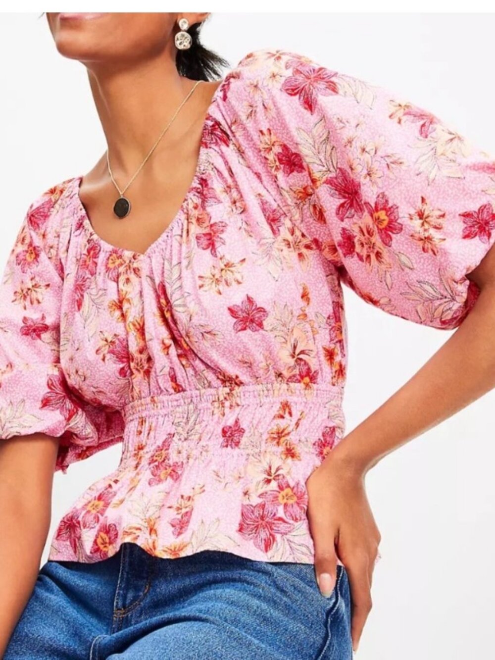 NWT LOFT Pink Floral Puff Sleeve Smocked Peplum Top, Size Large